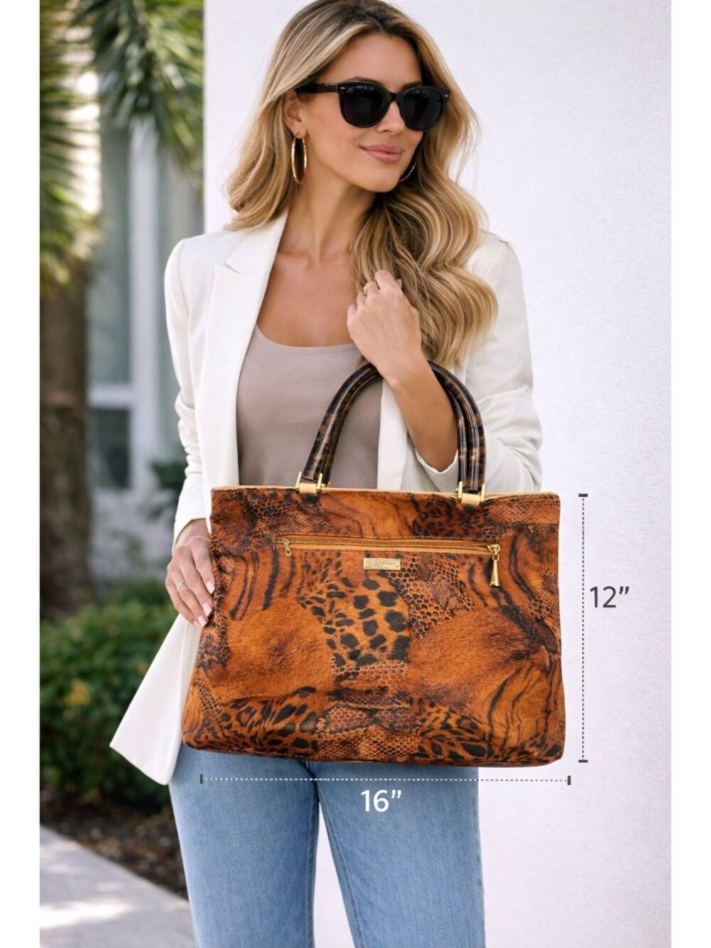 Plinio Visona Animal Print Tote Tortoiseshell Handles Leather Italy 16" XL Bag - Picture 8 of 8